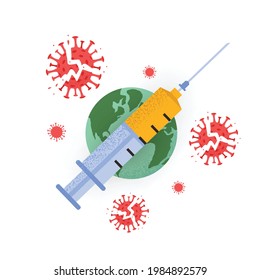 Vector illustration of syringe, Earth globe and destroyed Coronavirus spreading isolated on white background. Concept of vaccination, Immunization Campaign, fight against Covid-19 (2019-nCoV). 
