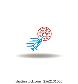 Vector illustration of syringe fast move and virus bacterium microscopic cells. Symbol of vaccine. Icon of vaccination.