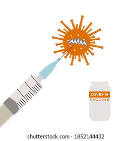 Vector illustration of syringe injecting in coronavirus and a bottle labelled covid-19 vaccine isolated on white background with space for runaround or wraparound text 