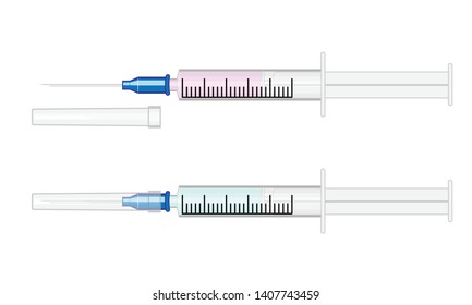 Vector illustration. Syringe with open needle and with cap on the needle (close up) For medical publications, immunization and vaccination campaign of people against infection and bacterial disease