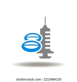 Vector illustration of syringe with pill tablet. Icon of drugs, medicines treatment. Symbol of vitamin prescription and therapy.