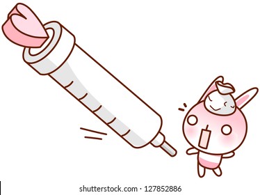 Ilustração vetorial de uma seringa com um coelho assustado