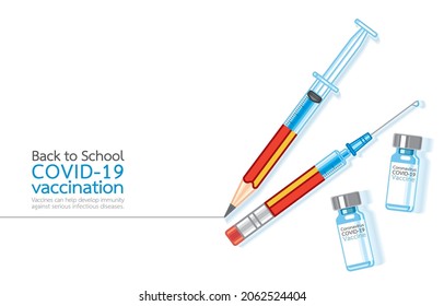 Vector illustration of syringe turns into pencil, horizontal line, COVID-19 vaccine bottle, sample text, design template, copy space on white background. COVID-19 vaccination during school reopening.