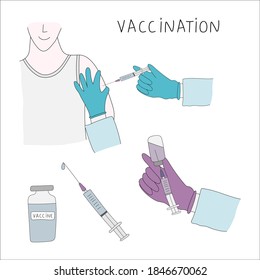 Vector Illustration With Syringe With Vaccine, Bottle, Doctor, Vaccination.  For Medical Publications, Immunization And Vaccination Campaign 