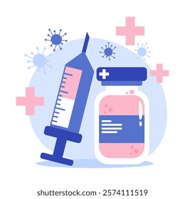 Vector illustration of a syringe, vaccine bottle, and virus symbol, representing vaccination, immunization, and the fight against infectious diseases.