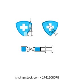 Vector illustration of a syringe, vaccine and shield for icons, symbols and logos