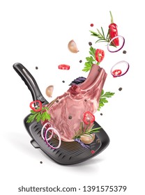 Vector illustration of a syroy steak in a pan with pepper onions and chili