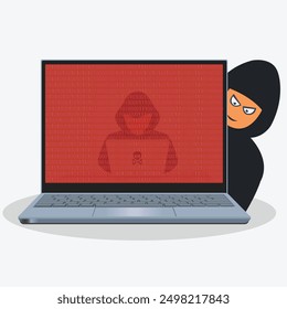 Vector Illustration of system data stealing, Spyware threat dark or night mode web, landing. Watch monitors user data, emphasizing the risks of online surveillance and compromised privacy.