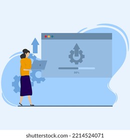 Vector illustration of system update concept. woman doing system update by using laptop, system update. Easy to edit and customize
