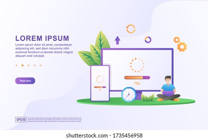 Vector illustration of system update and maintenance with computer and updates icon.