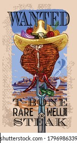 the vector illustration of the t bone steak with vegetables 
