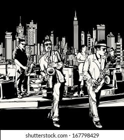 Vector illustration of ta jazz band playing in New York - saxophone singer and keyboard