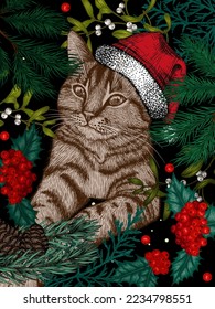 Vector illustration of a tabby cat in a santa hat surrounded by christmas plants