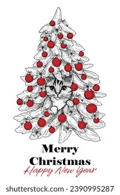 Vector illustration of a tabby cat sitting in a Christmas tree in engraving style