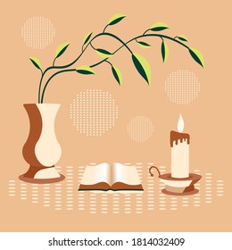 Vector illustration of a table with a book, a candle and a jug with a plant.