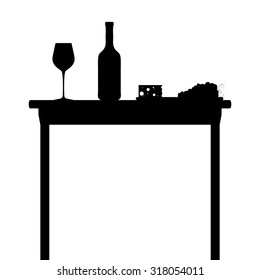 Vector illustration of table with bottle of wine, wine glasses, grapes and cheese silhouettes isolated on white. It can be used in card, menu design and your other projects.