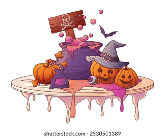 Ilustração vetorial de tabela com caldeirão com bolhas. Bruxaria poção rosa na caldeira. Jack o Lanterna. Cafeteria, bebida, conceito de bar. Para design de Halloween, cartaz, banner, decoração de menu.