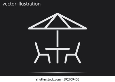 vector illustration of table and chairs under sun umbrella, icon.