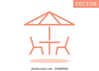 vector illustration of table and chairs under sun umbrella, icon.