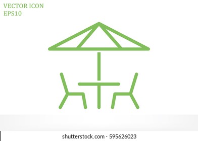 vector illustration of table and chairs under sun umbrella, icon.