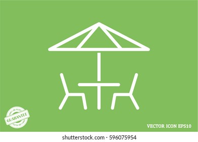 vector illustration of table and chairs under sun umbrella, icon.