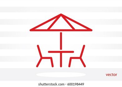 vector illustration of table and chairs under sun umbrella, icon