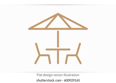 vector illustration of table and chairs under sun umbrella, icon