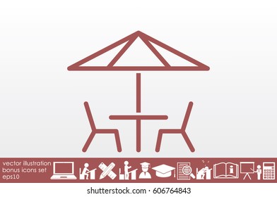 vector illustration of table and chairs under sun umbrella, icon