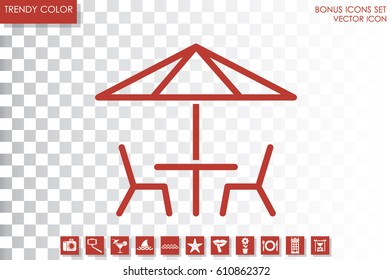 vector illustration of table and chairs under sun umbrella, icon