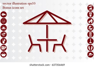 vector illustration of table and chairs under sun umbrella, icon