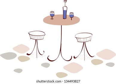Vector illustration of a table with drinks and chairs