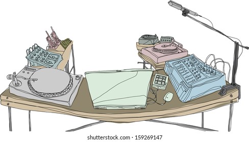 Vector illustration of a table with electronic devices