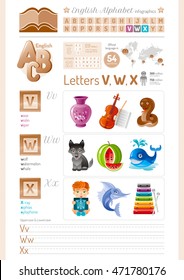 Vector illustration table. English alphabet ABC icon set in elegant style. Letter V, W, X infographics with toy block, symbol - vase, violin, viper, wolf, watermelon, whale, X-ray, xiphias, xylophone
