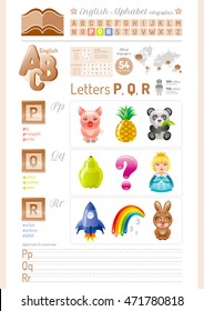 Vector illustration table. English alphabet ABC icon set in elegant style. Letter P, O, R infographics with toy block, symbol - pig, pineapple, panda, quince, question, queen, rocket, rainbow, rabbit
