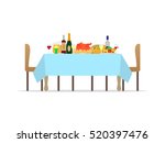 Vector illustration table for festive holiday romantic dinner. Banquet table with drinks and eating fruit. Flat style. Isolated on white background. Decorating feast dinner with various dishes.