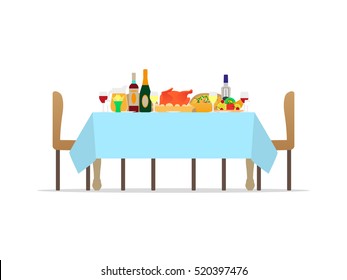 Vector illustration table for festive holiday romantic dinner. Banquet table with drinks and eating fruit. Flat style. Isolated on white background. Decorating feast dinner with various dishes.