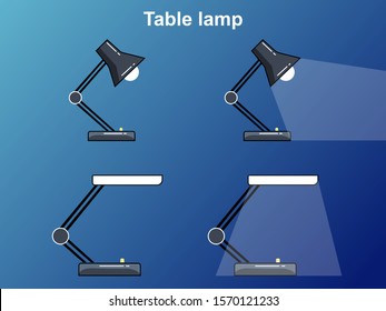 Vector illustration of table isolated lamps. Two types of table lamps. Plain and modern table lamps. Turned on and off lamps. Design for business flat illustrations.