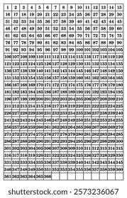 Vector illustration of a table of numbers 1 to 366 on a white background, number of days in a year.