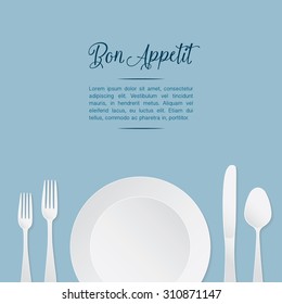 Vector illustration of table setting on blue background. White dish, fork, spoon and knife cutlery. Space for custom text. Restaurant, cafe, diner signage template.