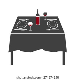 Vector illustration of table setting for two person. Black and white. Romantic dinner with red wine.