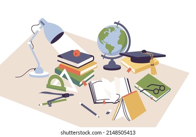 Tabla de ilustraciones vectoriales con pilas de libros y globo de colegio, compas y lápiz, tapa de graduación. Elementos educativos