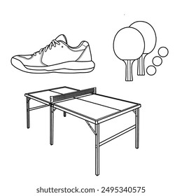 Vector illustration of table tennis equipment set hand-drawn sketch. Containing rackets, table tennis balls, shoes, ping pong paddle sets, and equipment bags. Isolated on a white background