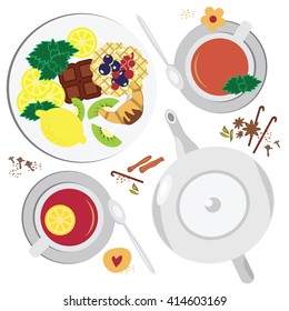 vector illustration / table top view / tea with lemon / spices mint cinnamon clove and anise