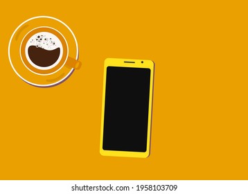 Vector illustration of a table. View from above. There is a cup of coffee and a mobile phone on the table.