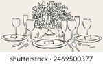 Vector illustration of tablescape with glasses and flowers. Dinner table line art. Hand drawing of table for invitation design, stationery branding, printables, social networks