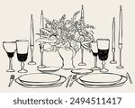 Vector illustration of tablescape with glasses and flowers. Line art of dinner table. Hand drawn sketch of table setting for invitation design, branding, stationery, printables, social media
