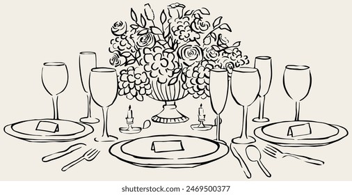 Vector illustration of tablescape with glasses and flowers. Dinner table line art. Hand drawing of table for invitation design, stationery branding, printables, social networks