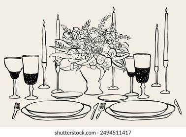 Vector illustration of tablescape with glasses and flowers. Line art of dinner table. Hand drawn sketch of table setting for invitation design, branding, stationery, printables, social media