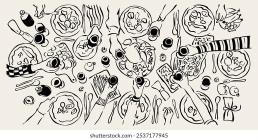 Vector illustration of tablescape with glasses and food. Gathering of friends and family around a table. Hand drawn sketch of dinner table for design of invitations, cards and social media