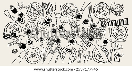 Vector illustration of tablescape with glasses and food. Gathering of friends and family around a table. Hand drawn sketch of dinner table for design of invitations, cards and social media